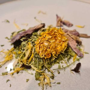 a display of dried flowers for tea